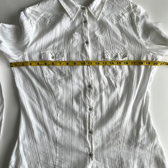 Y2K Guess White Mesh Embroidery Snap Button Women's Shirt Size L - Picture 15 of 16